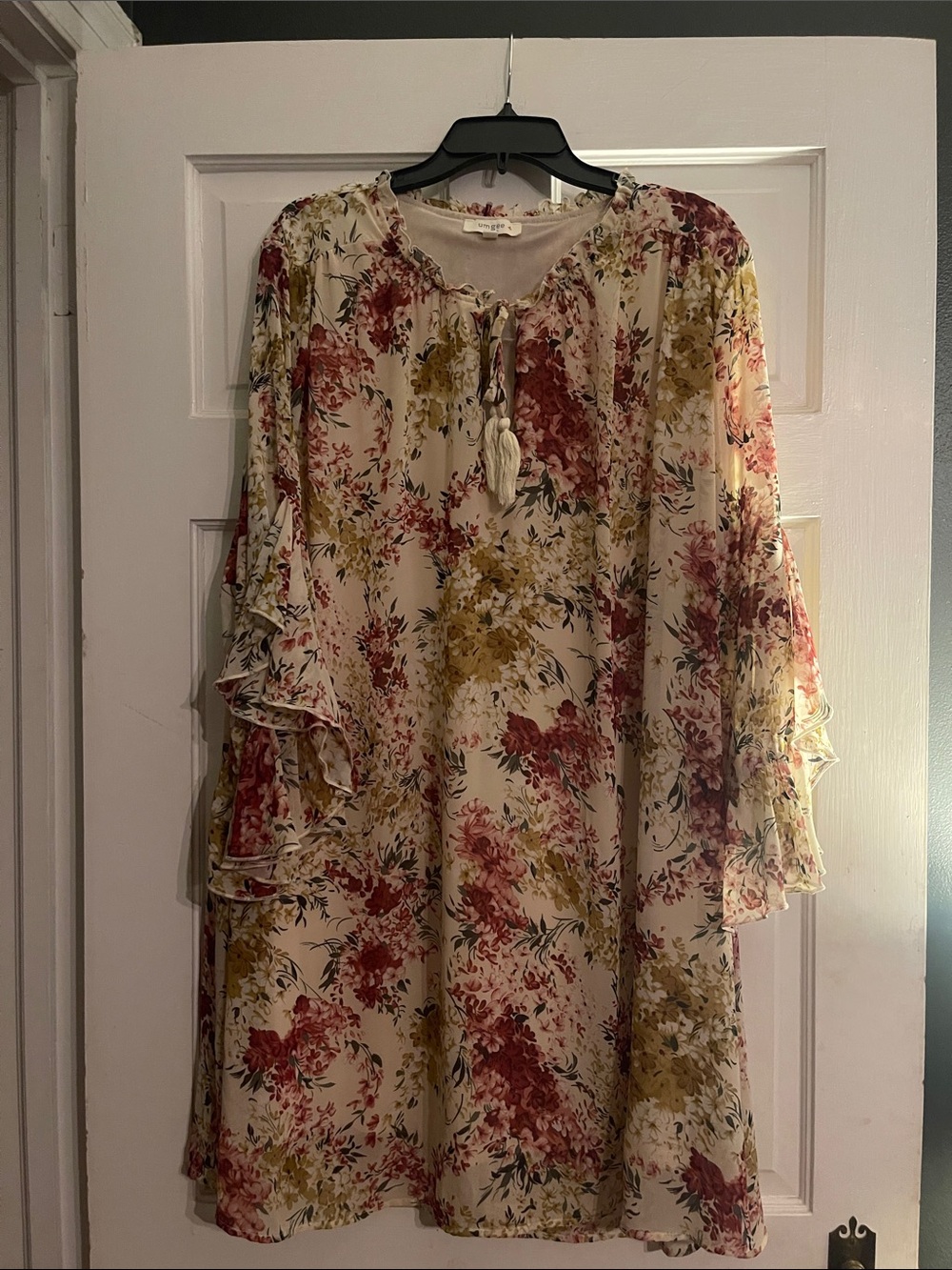 Umgee Cream Floral Long-Sleeve Ruffle Tie-Neck Dress with Red & Mustard Prints